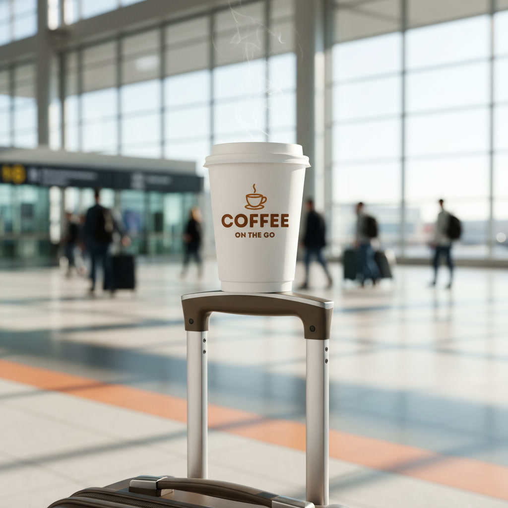 A Grind & Go cup on a suitcase at the airport