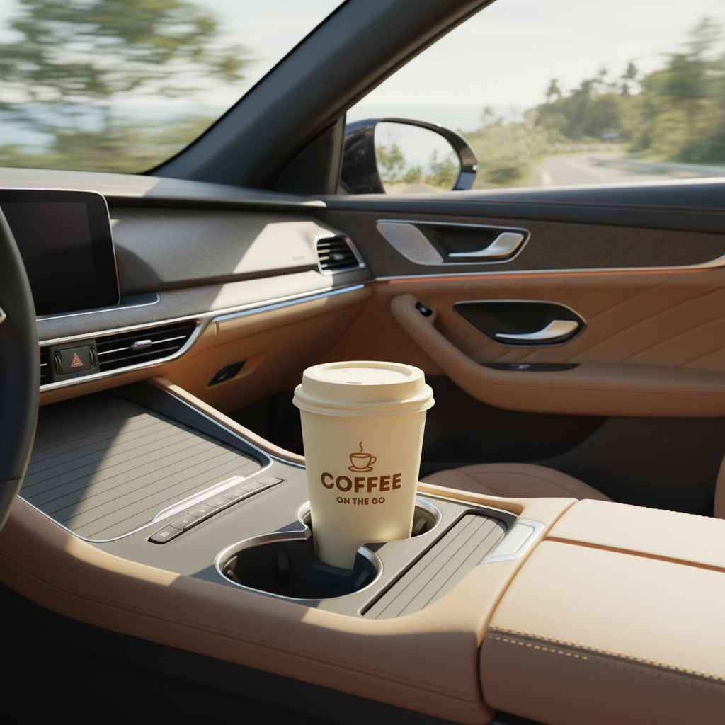 A Grind & Go cup in a car console on a morning drive