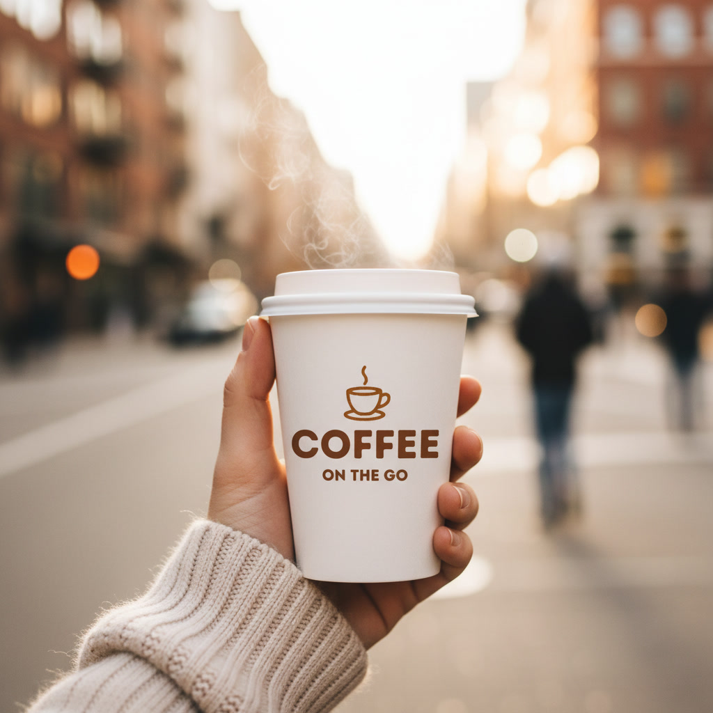 A hand holding a Grind & Go cup on the street